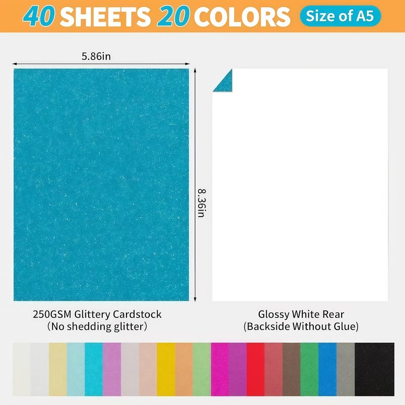Monigte 20 Colors 40 Sheets Glitter Cardstock,Cardstock Paper,Premium Sparkly Cricut Cardstocks,A5 Glitter Paper for Arts Crafts,Card Making, Scrapbook Supplies for DIY Project - Image 3